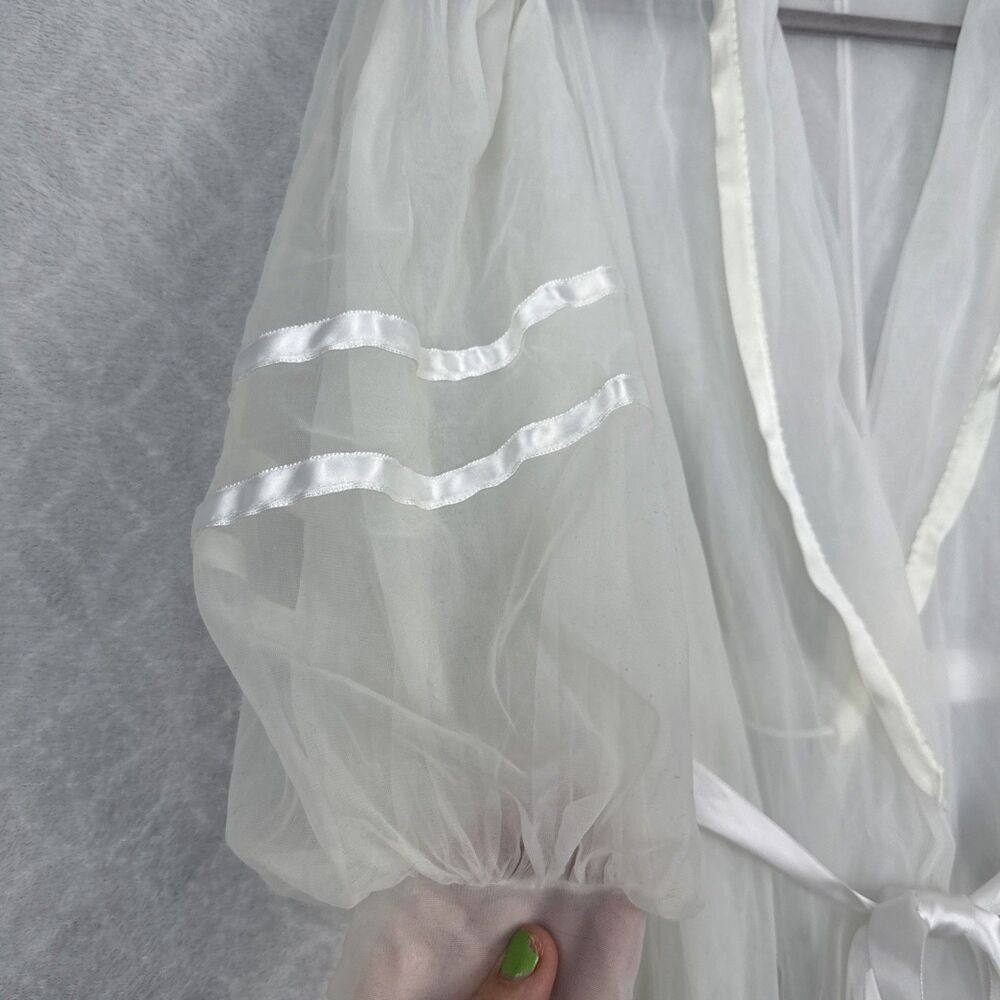 Vtg Miss Elaine Sheer Robe S/M White Belt Peignoir Puff Sleeve Bridal Retro 50s - Picture 3 of 11